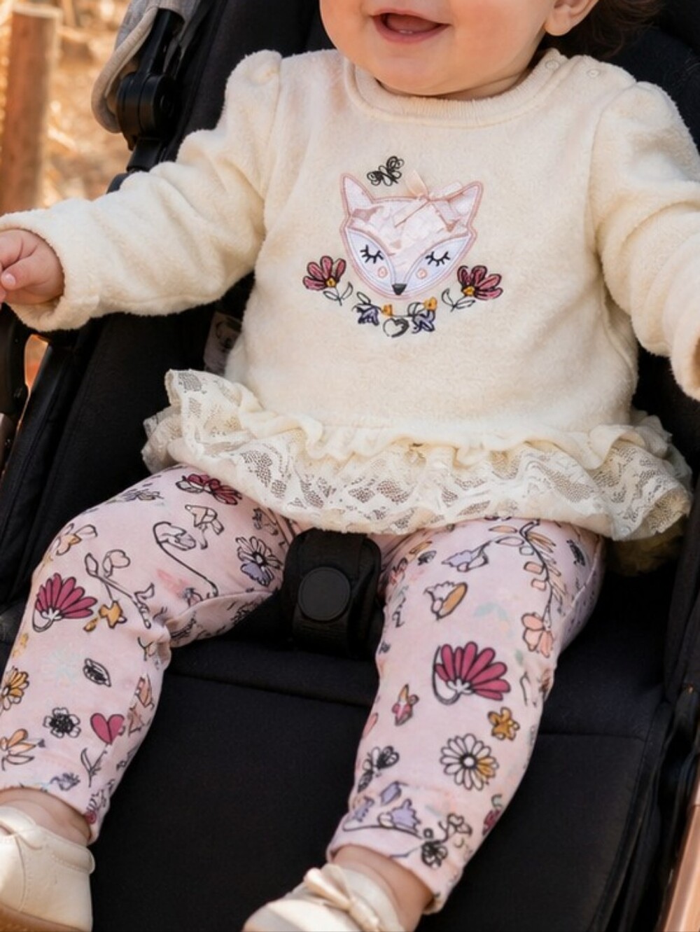 Cream Fox Fleece Tunic Floral Leggings Set 6-9 Months Cottage Woodland Cozy Cute